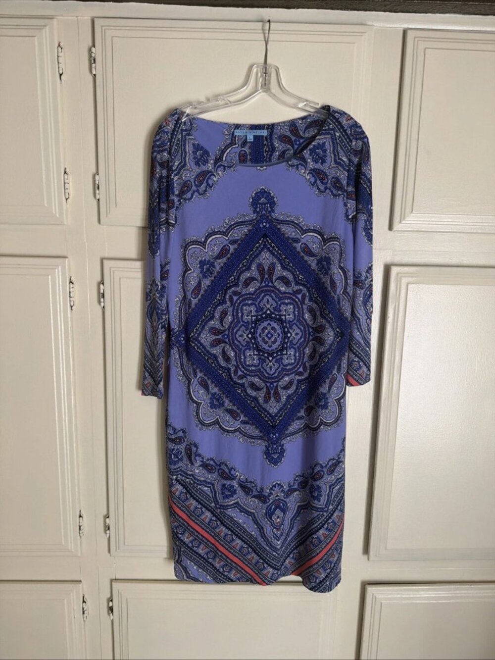 ANTONIO MELANI Purple Paisley Medallion 3/4 Sleeve Jersey Shift Dress Size Large